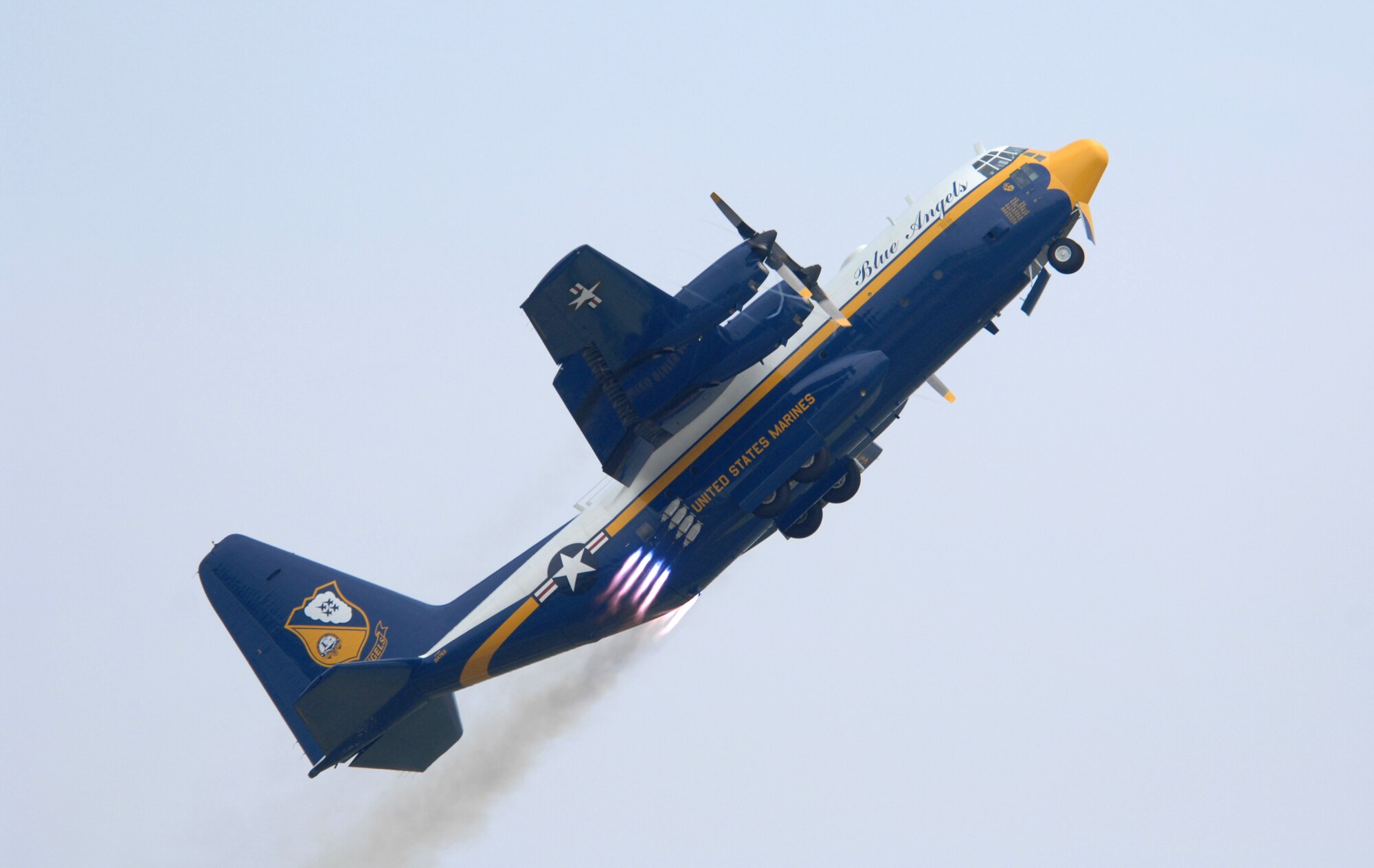 Blue Angel's C-130T known as "Fat Albert" demontrates it's jet assisted take-off (JATO) capabilities at the Wings Over Wayne Airshow here May 12. The Wings Over Wayne Airshow 2007 is the first apperance of the Blue Angels since the accident that occurred April 21.(U.S. Air Force photo by Airman 1st Class Greg Biondo)(released)