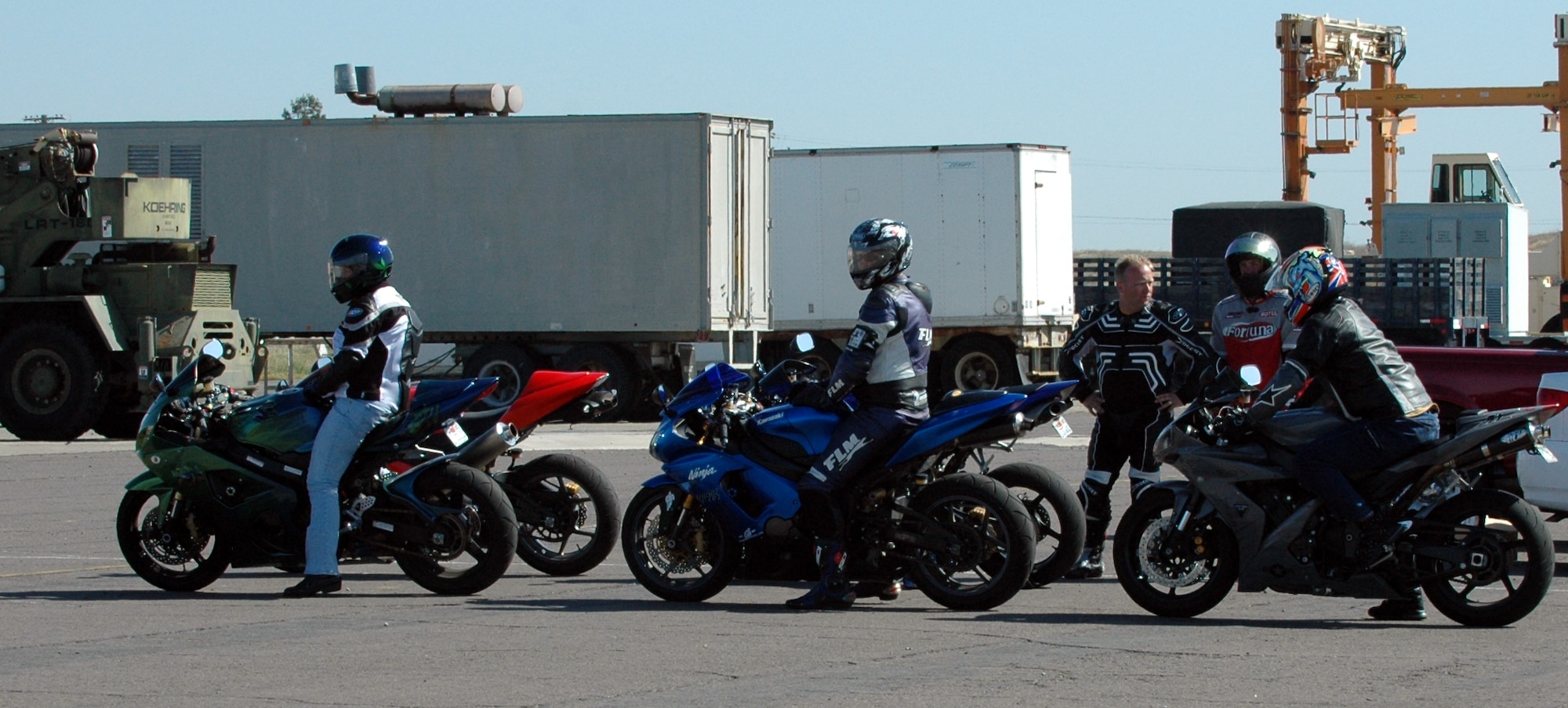 Students wait to begin the road course during the street bike safety course at Travis May 9. The class is part “classroom” teaching and part hands-on training, where the students take what they’ve learned and apply it to the course. (U.S. Air Force photo by Airman Kristen Rohrer)