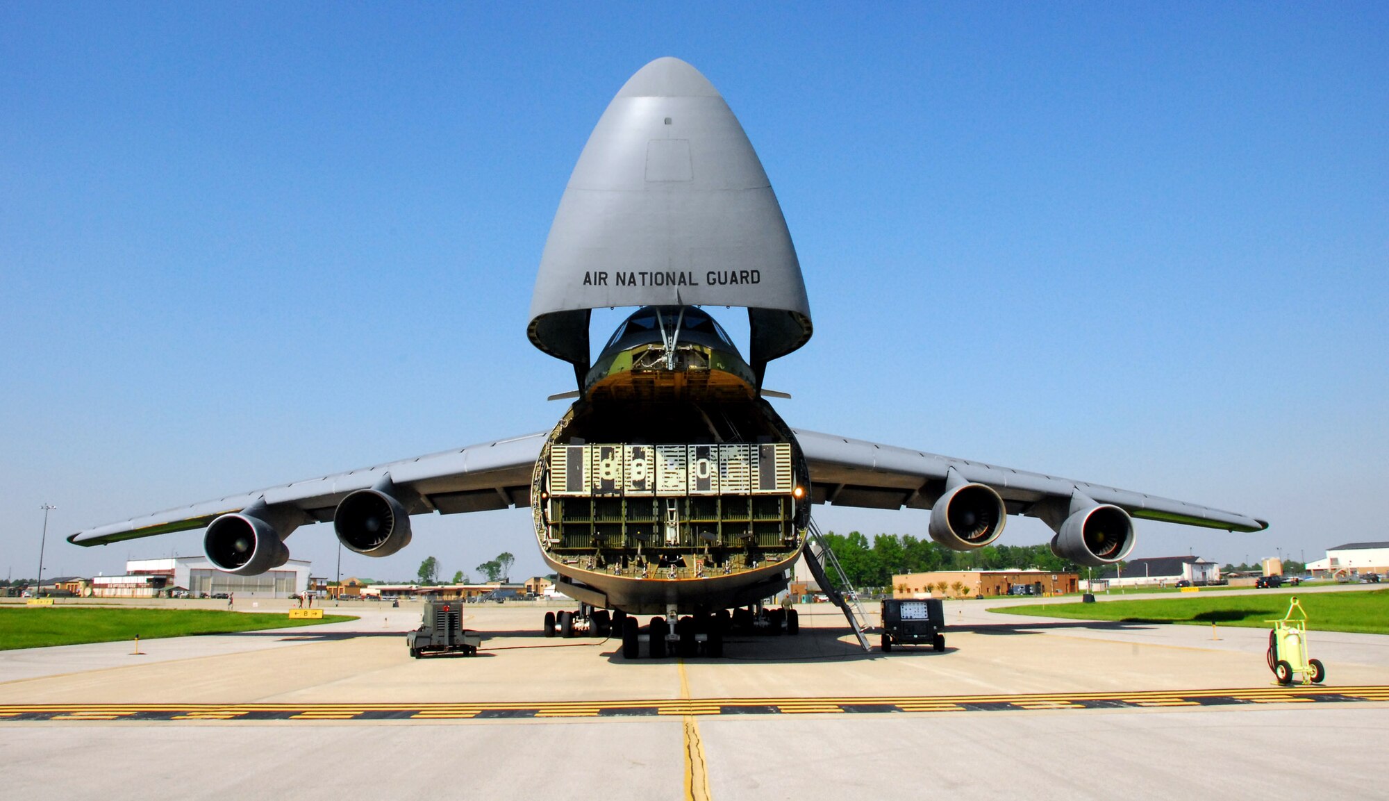 The nose is lifted and the ramp is lowered May 12 on a C-5 Galaxy from Stewart Air National Guard Base, New York, at Hulman Field in Terre Haute, Ind. The C-5 is here in support of Exercise Ardent Sentry. Ardent Sentry is designed to hone coordination between the Department of Defense as well as federal, state, local and private agencies in a series of challenging scenarios ranging from natural disasters to terrorist incidents. (U.S. Air Force photo/Senior Master Sgt. John S. Chapman)