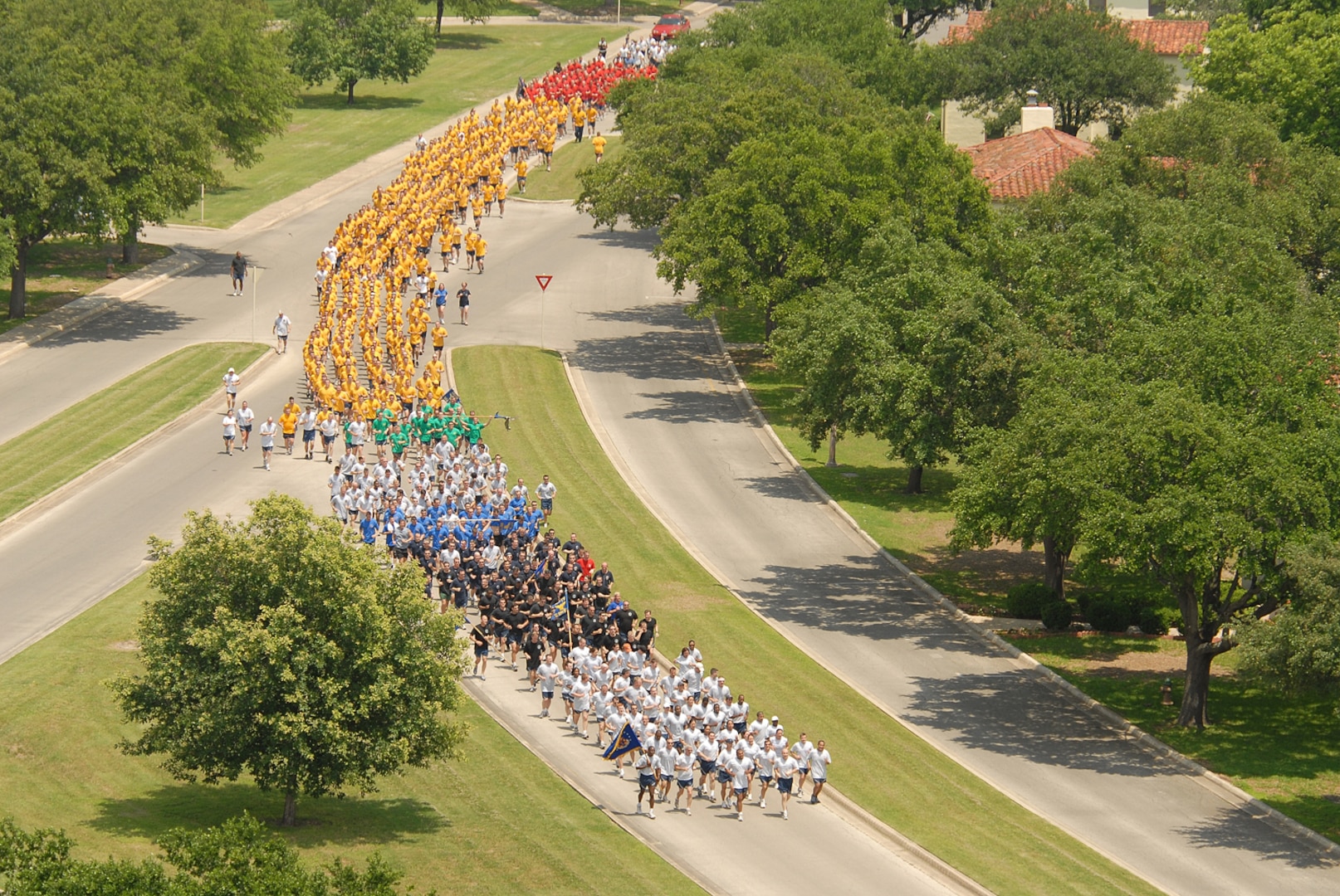 More than 250 12th Flying Training Wing Airmen run a 1.5-mile course past the "Taj Mahal" May 15 to kick off the 101 Critical Days of Summer campaign. (U.S. Air Force photo by Javier Garcia)