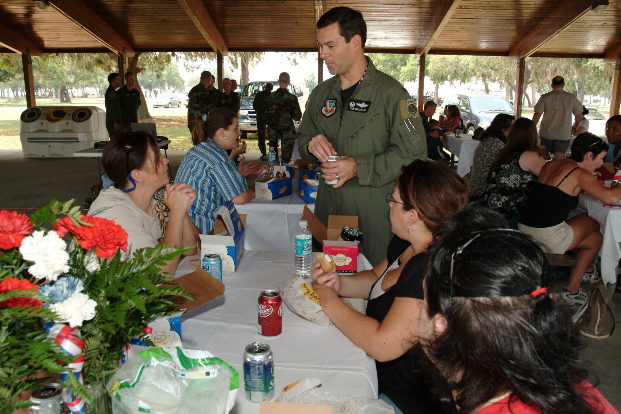 EGLIN AFB – Col. Ken Wilsbach, 53d Wing commander, visited with some of the spouses during the lunch break of the 53d Wing 2007 Spouses’ Appreciation Day.  More than 70 spouses turned out for the day that was geared to give spouses a chance to experience the 53d Wing’s mission and a special behind-the-scenes VIP tour, designed especially for them. The jampacked itinerary gave them a glimpse of what the unit does in the warm Florida sun as well as “chilling out” at temparatures well below freezing at the base’s McKinley Climatic Lab.  Wing spouses visited the 85th Test and Evaluation Squadron to get a first hand look at the wing’s jets. To include experiencing the firepower of the A-10’s gun, flightline taxi rides in an F-16 and an F-15E and opportunities to fly the F-15C simulator. (U.S. Air Force photo by Tech. Sgt. Andrew Leonhard)