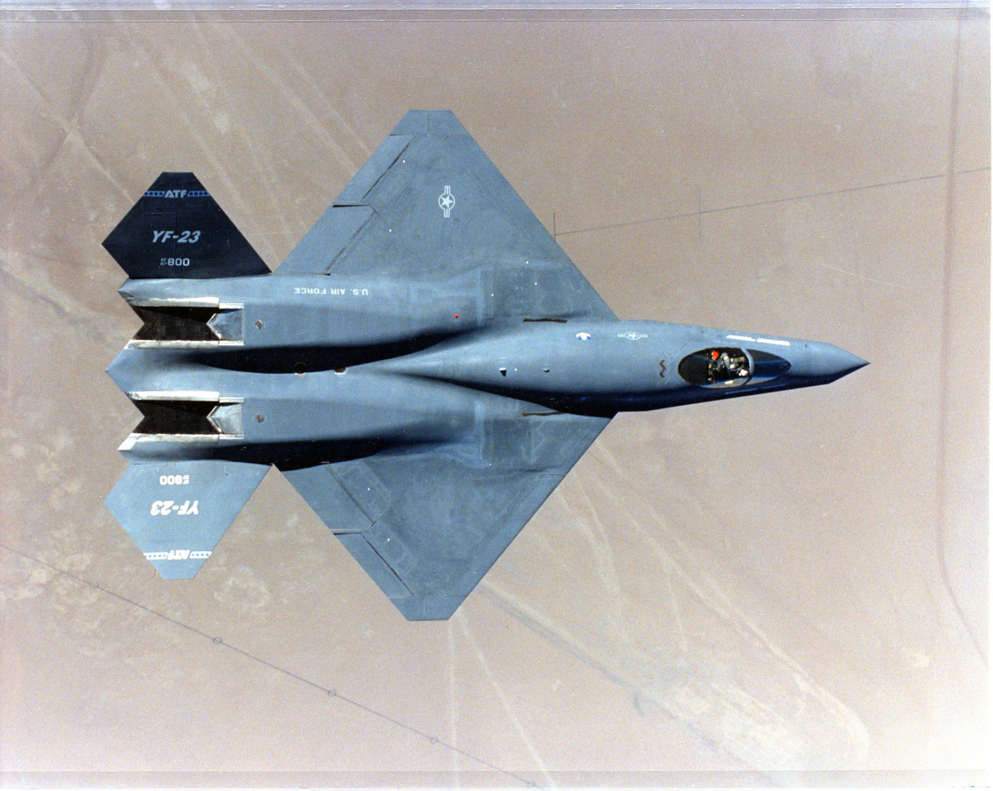 Top view of the Northrop-McDonnell Douglas YF-23 in flight. (U.S. Air Force photo)