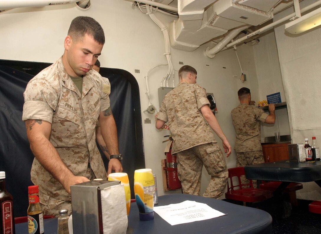 Lance Cpl. James M. Phillips, a rifleman from Company E, Battalion Landing Team 2/2, 26th Marine Expeditionary Unit, and other Marines from E Co. conduct a search for simulated contrabnad aboard USS Bataan (LHD 5), May 17, 2007.  The Marines of BLT 2/2 have had to use creativity and organization to overcome limited training spaces aboard ship.  (Official USMC photo by Cpl. Jeremy Ross) (Released)