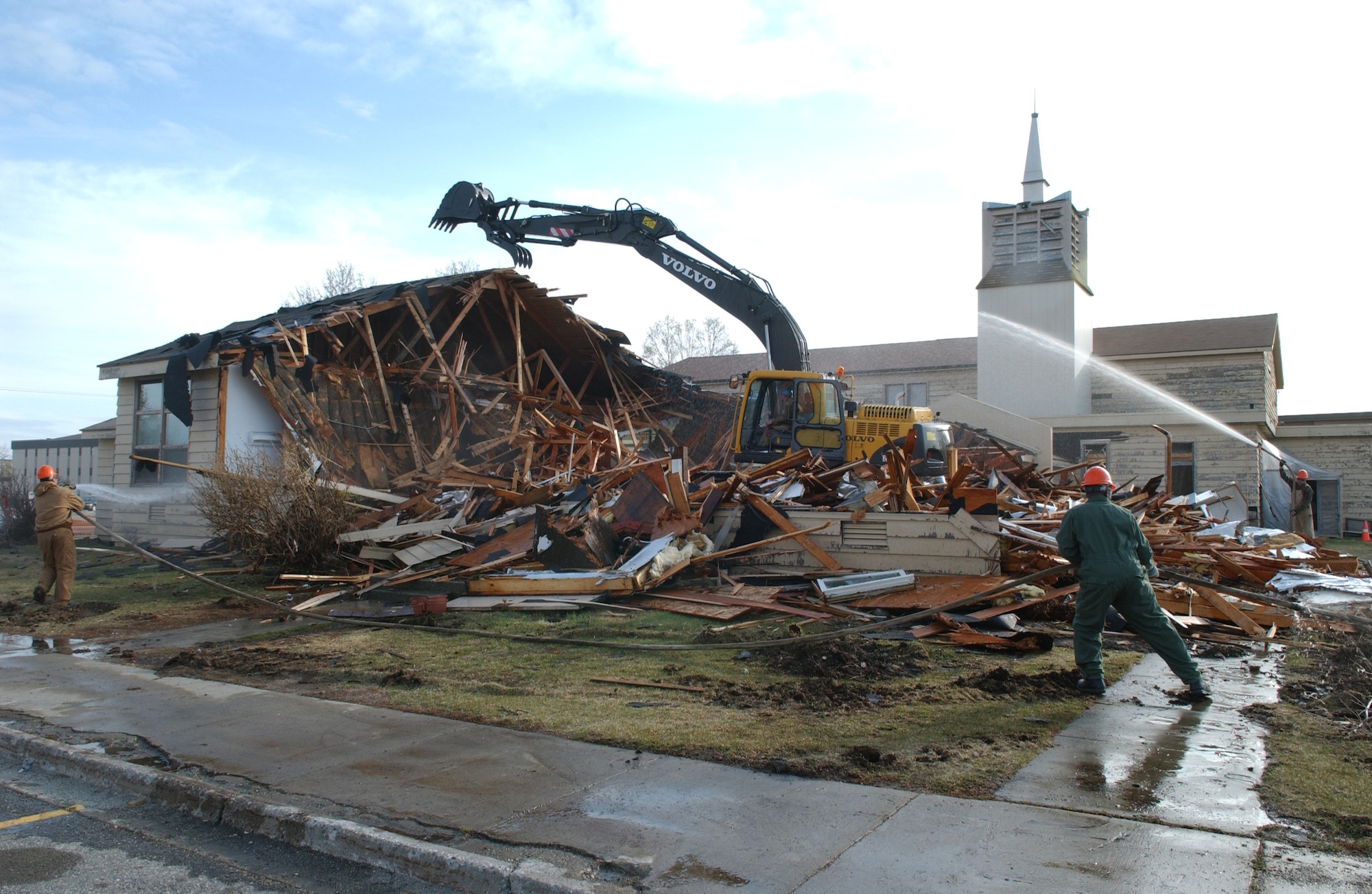 EIELSON AIR FORCE BASE, Alaska -- Eielson's base chapel is demolished on May 15. Built over 50 years ago, the base chapel seated over 300 people, and hosted the baptism of possibly Alaska's first triplets. The room the chapel occupied will make room for quality-of-life upgrades.  (U.S. Air Force photo by Airman 1st Class Christopher Griffin)

