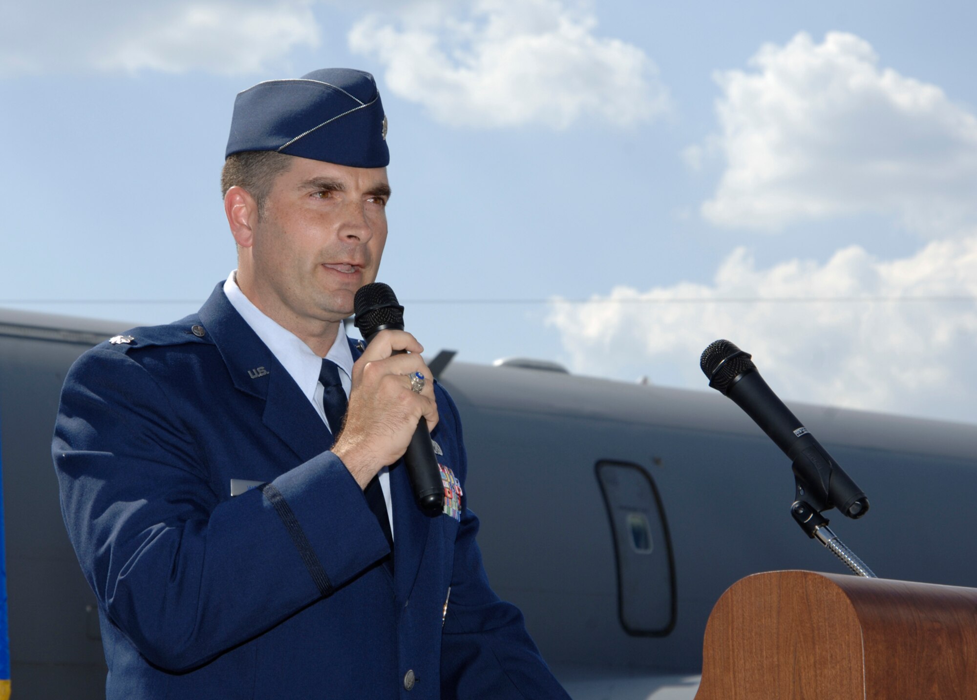 Lt. Col. Eric Wohlrab speaks to a crowd after assuming command of the 344th Air refueling Wing during a change of command ceremony here May 11. (Photo by Senior Airman Jamie Train)