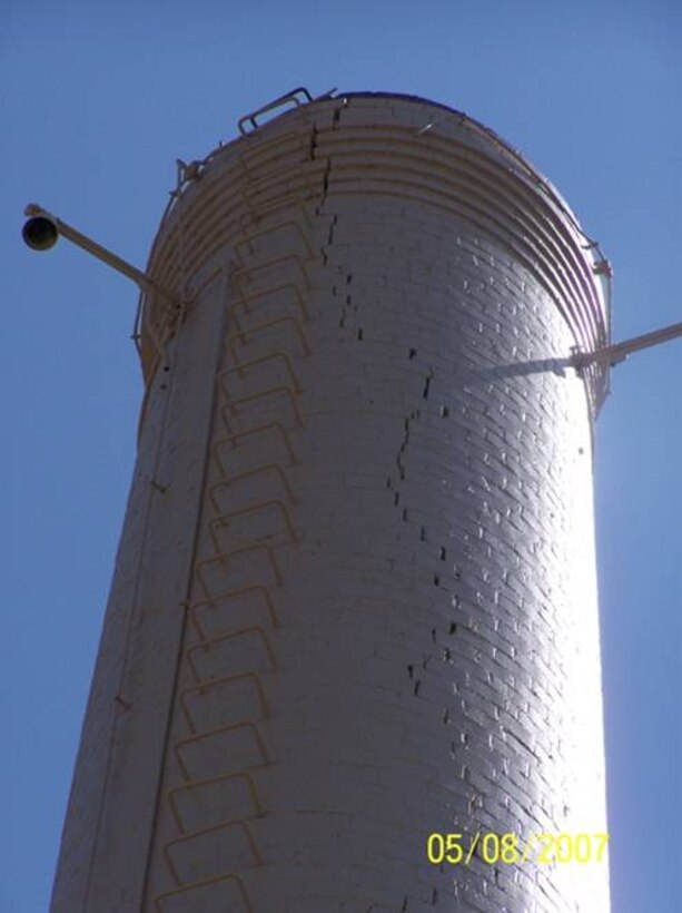 The smoke stack outside Buliding 5902 was observed to be cracking on May 8
As a precautionary measure, a portion of Doolittle Drive has been blocked off indefinitely.
(Photo provided by 28th Mission Support Group)