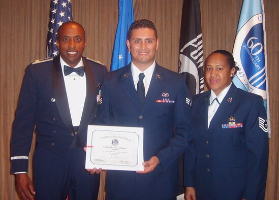 Senior Airman Pablo Munoz (center) of the 482nd Maintenance Group, Maintenance Operations Flight, graduated May 9 from Airman Leadership School at Patrick AFB, Fla. His unit commander, Major Octavius R. Clark (left), and supervisor, Tech. Sgt. Karen McDonald, were on hand to congratulate Airman Munoz for his achievement. ALS prepares Senior Airmen for the leadership challenges they will face in the future as non-commissioned officers. The school focuses on developing communication skills, leadership abilities and military knowledge. (U.S. Air Force courtesy photo)