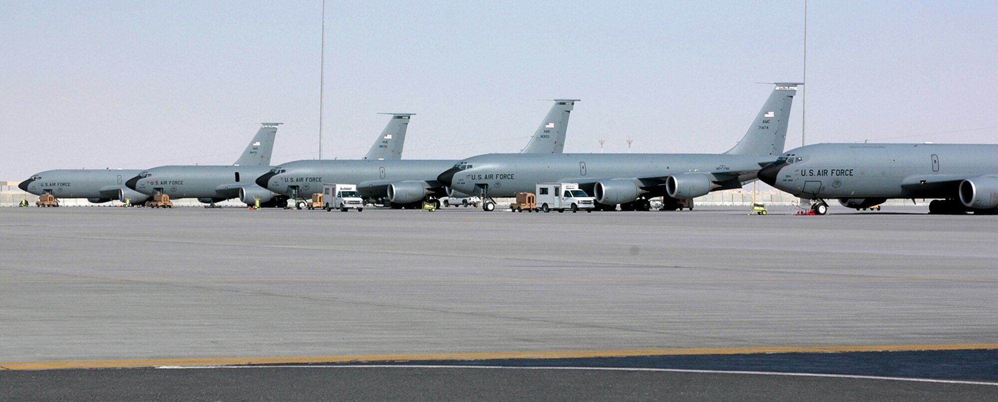 KC-135 Stratotankers from 340th Expeditionary Air Refueling Squadron stand ready for their next missions May 16 at a base in Southwest Asia.  The Air Force along with its coalition partners flew 53 sorties May 15 to refuel more than 290 aircraft.  (U.S. Air Force photo/Senior Airman Erik Hofmeyer) 
