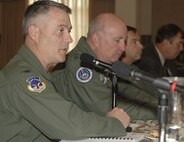 MINOT AIR FORCE BASE, N.D. – Col. Mike Carey, 90th Space Wing commander, addresses members during the 20th Air Force Commander’s Conference at the Jimmy Doolittle Center here May 16. The annual conference provides a venue for 20th AF leadership to meet and discuss relevant topics and issues. (U.S. Air Force photo by Senior Airman Christopher Boitz)