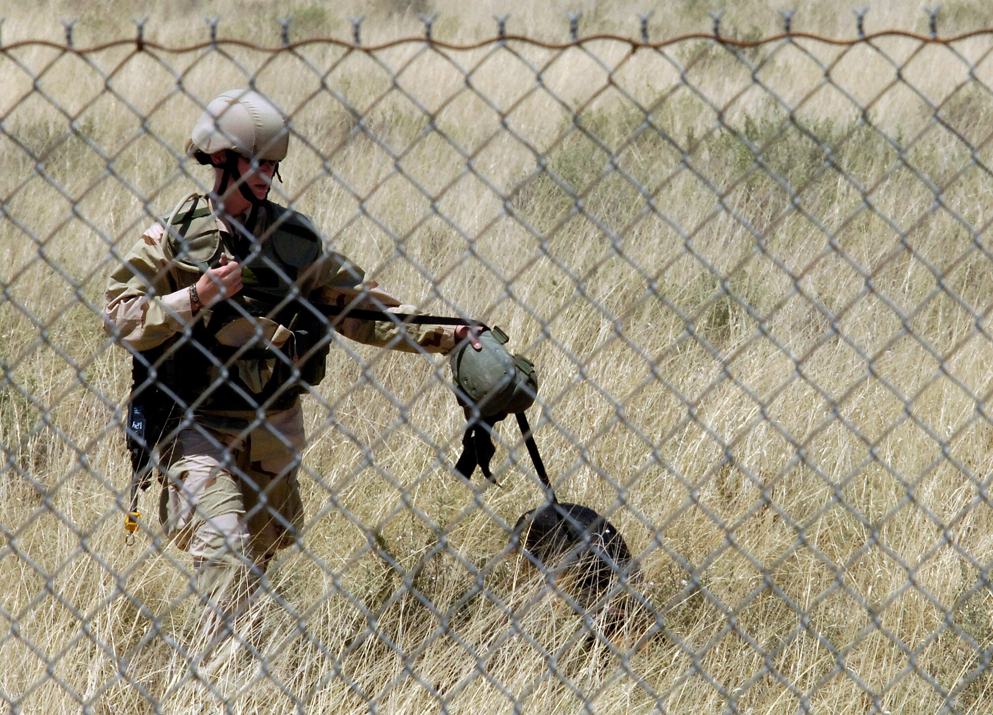 A 49th Security Forces Squadron Airman and canine perform a sweep outside the wire of the simulated deployed location during an exercise at Holloman Air Force Base, N.M., May 7. (U.S. Air Force photo/Airman 1st Class Michael Means)