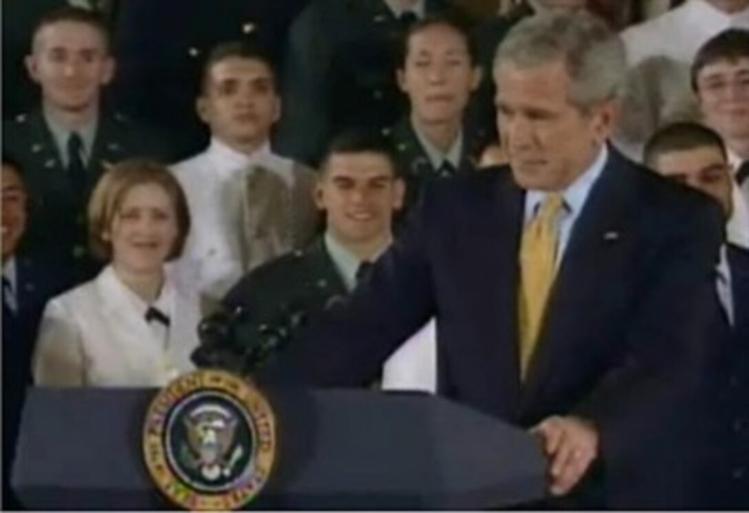 President George W. Bush opens the White House Commissioning Ceremony where 55 Reserve Officer Training Corps cadets and midshipmen took the oath of office, May 17, 2007. The event celebrates National Military Appreciation Month.