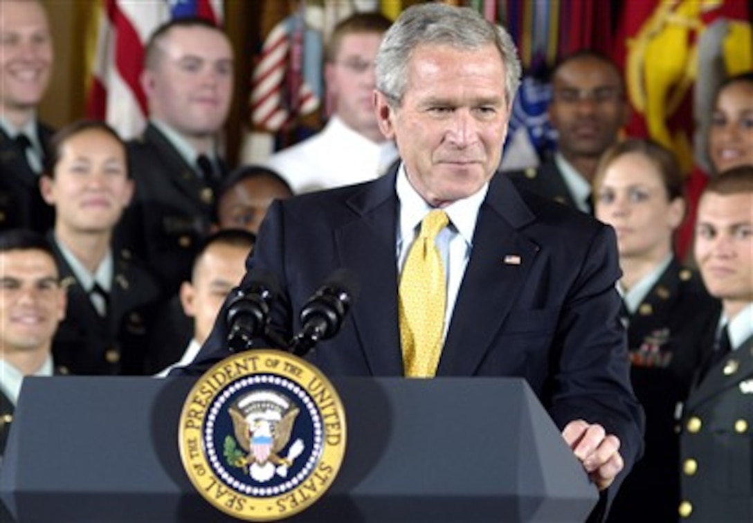 President George W. Bush addresses the audience during the first joint ROTC commissioning ceremony at the White House, May 17, 2007. 