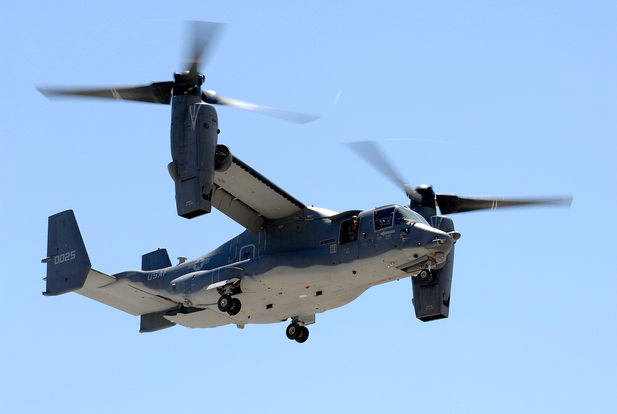 A CV-22 Osprey prepares to land at the U.S. Air Force Academy May 11.  Cadets in the Department of Aeronautical Engineering's High-Performance Computing Research Center contributed to making this aircraft an operational reality through their research in computational fluid dynamics.  (U.S. Air Force photo/ Dennis Rogers)