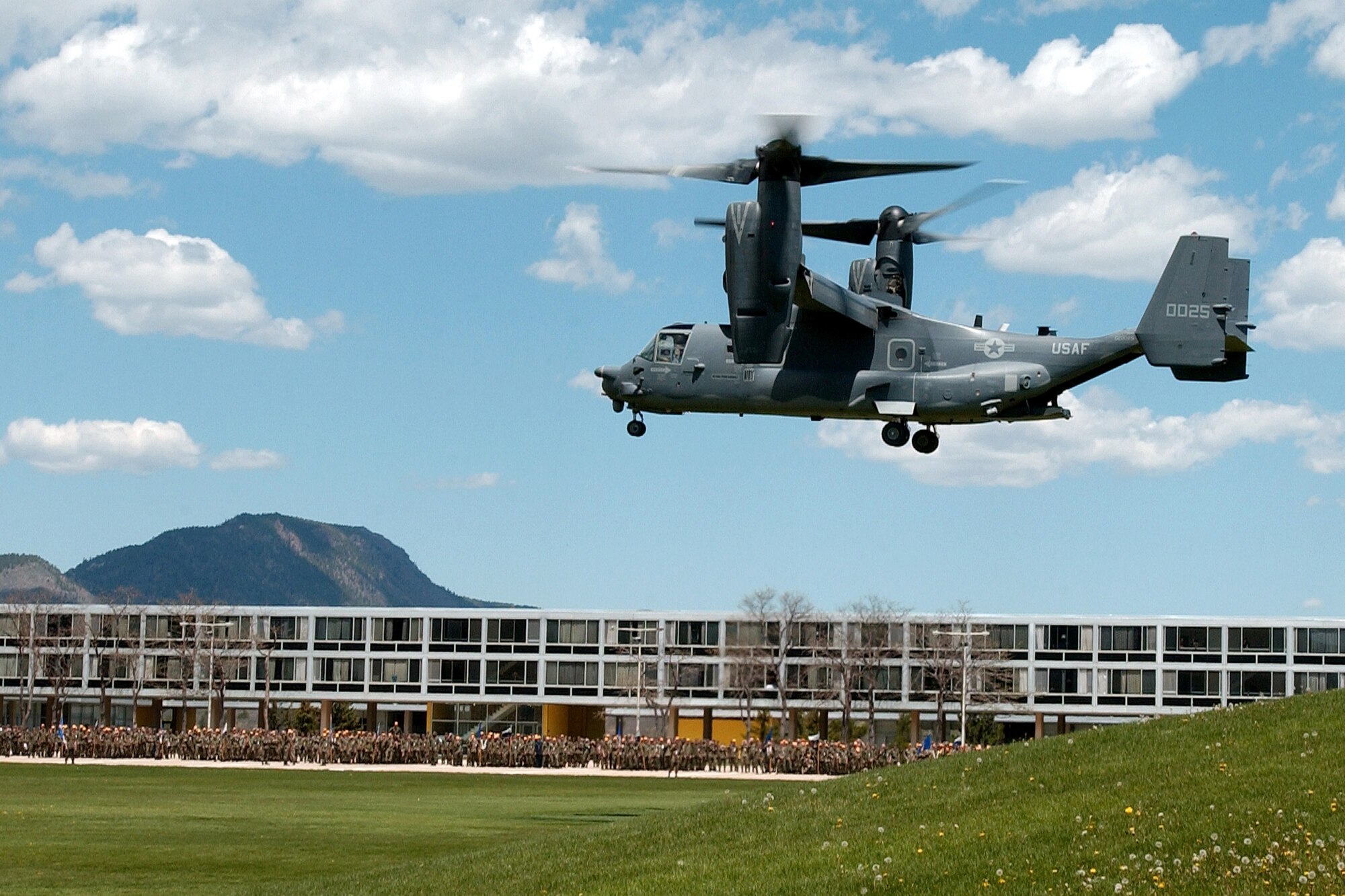 A CV-22 Osprey prepares to land at the U.S. Air Force Academy May 11.  Cadets in the Department of Aeronautical Engineering's High-Performance Computing Research Center contributed to making this aircraft an operational reality through their research in computational fluid dynamics.  (U.S. Air Force photo/ Dennis Rogers)