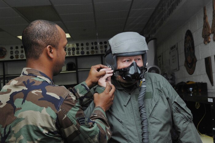 Senior Airman Walter J. Young III, aircrew life support technician, 422nd Test and Evaluation Squadron, assist Mickey Jones, musician and actor ,with his flight helmet for an F-16 incentive ride May 17, 2007, Nellis AFB, Nev. Jones had a recurring role on the hit television show Home Improvement.  (Air Force photo by Tech. Sgt. Pamela D. Smith)