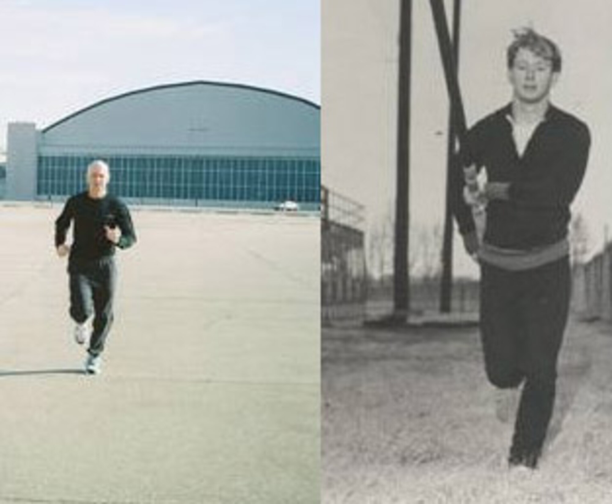 Lt. Col. Gary Hopper (left) trains for his fitness test in Area B at Wright-Patterson Air Force Base, Ohio. In 1971, a younger Colonel Hopper (right) competed for his high school track team. Colonel Hopper says physical conditioning is the main reason his body hasn't changed much. (Courtesy photos) 

