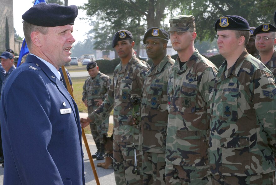Col. John Decknick, 820th Security Forces Group commander, provides some words in honor of fallen security forces members during Moody's Police Week Memorial Ceremony May 15. (U.S. Air Force photo by Senior Airman Angelita Lawrence)
