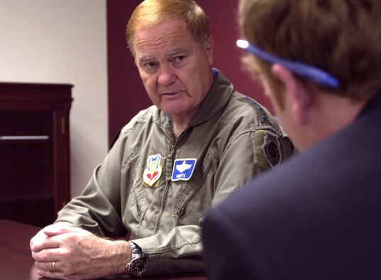 During an interview May 14 at Offutt, Gen. Ronald Keys, Air Combat Command commander, outlines the strain put on equipment and Airmen by increased operations tempo. (U.S. Air Force Photo/Tech. Sgt. A.J. Bosker)                      