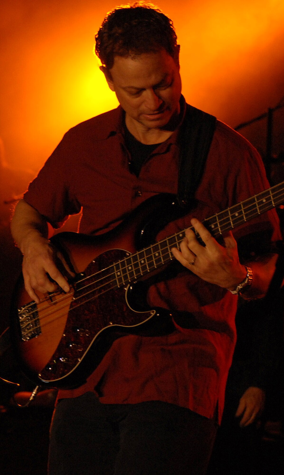 Gary Sinise jams on his guitar as the Lt. Dan Band performs May 15 at Spangdahlem Air Base, Germany. The performance here wrapped up the band's 2007 European tour. They played five United Service Organization, or USO, shows throughout Belgium and Germany. (U.S. Air Force photo/Airman 1st Class Stephanie Clark)