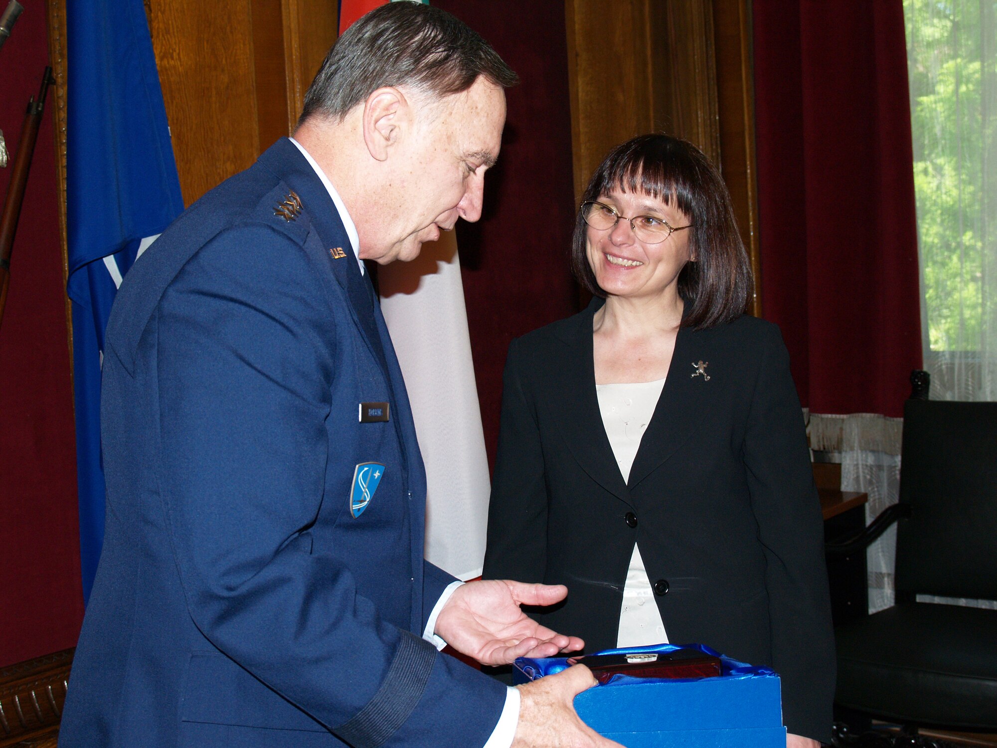 Gen.Tom Hobbins, U.S. Air Forces in Europe Commander, meets with Mrs Sonya Yankulova, Deputy Minister of Defense, May 15 during his trip to Bulgaria.  The leaders discussed air force issues and possible future partnerships.