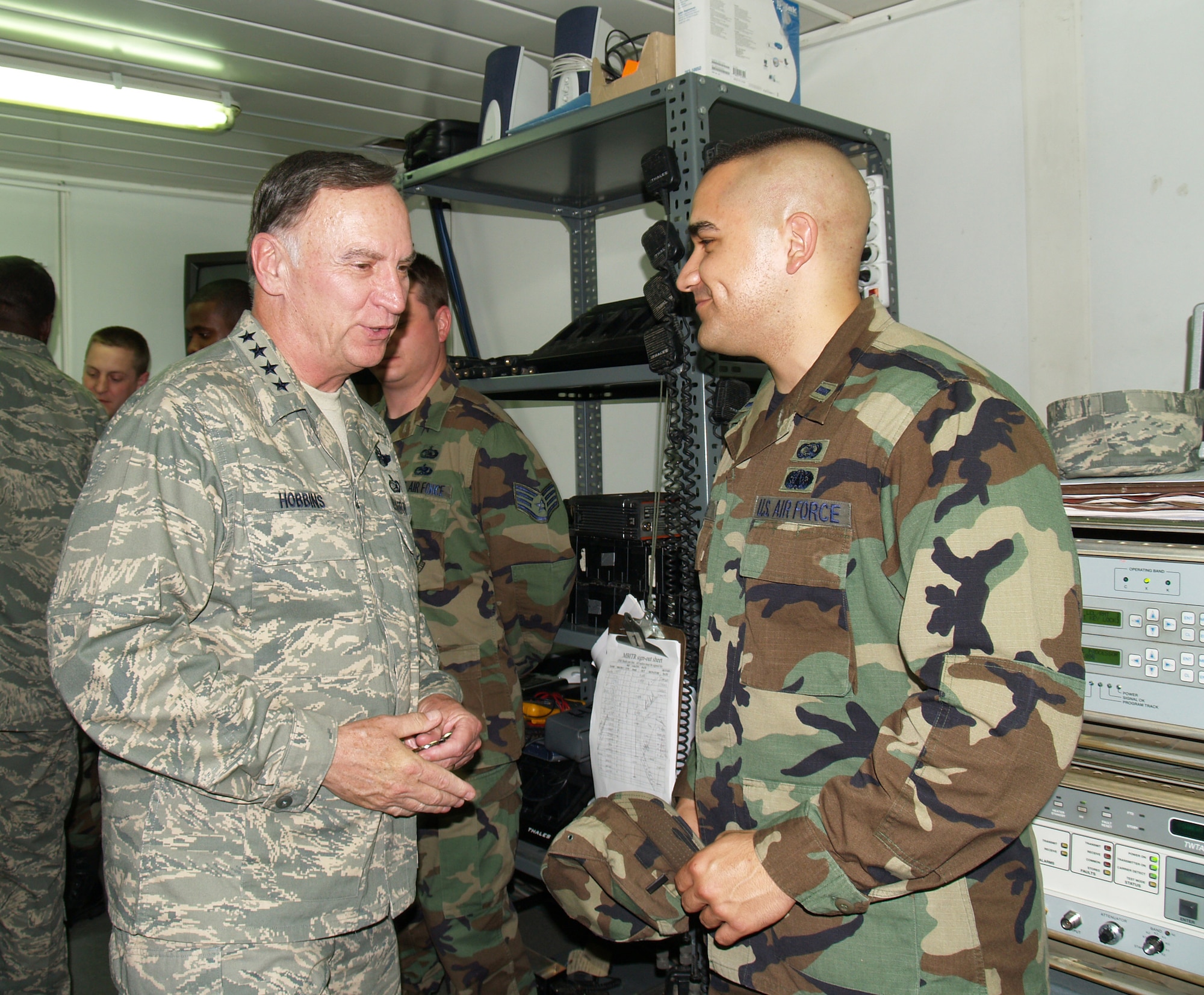 Gen. Tom Hobbins, U.S. Air Forces in Europe Commander, visited 1Lt Bryon Buzan, 1st Combat Communications, and other deployed members May 16 during his visit to Krtsanisi Training Area near Tbilisi, Georgia.  General Hobbins and Chief Master Sgt. Gary Coleman, USAFE command chief, toured the KTA and also visited with Georgian military and defense leadership to discuss the capabilities and vision of their air force.