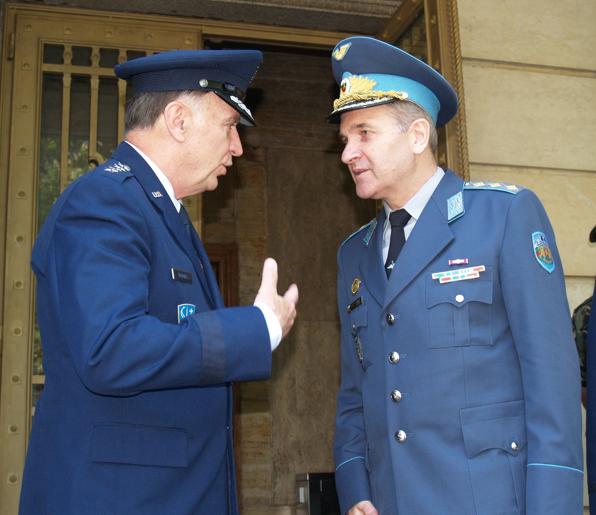 General Tom Hobbins, U.S. Air Forces in Europe Commander, greets Lt. Gen. Simeonov, Chief of the Air Force Headquarters, during a visit to Bulgaria May 14-15.  General Hobbins and Chief Master Sgt. Gary Coleman, USAFE command chief, met with U.S. Embassy staff and senior Air Force and Defense leadership to discuss possible exercises and engagements, as well as modernization of the Bulgarian Air Force.
