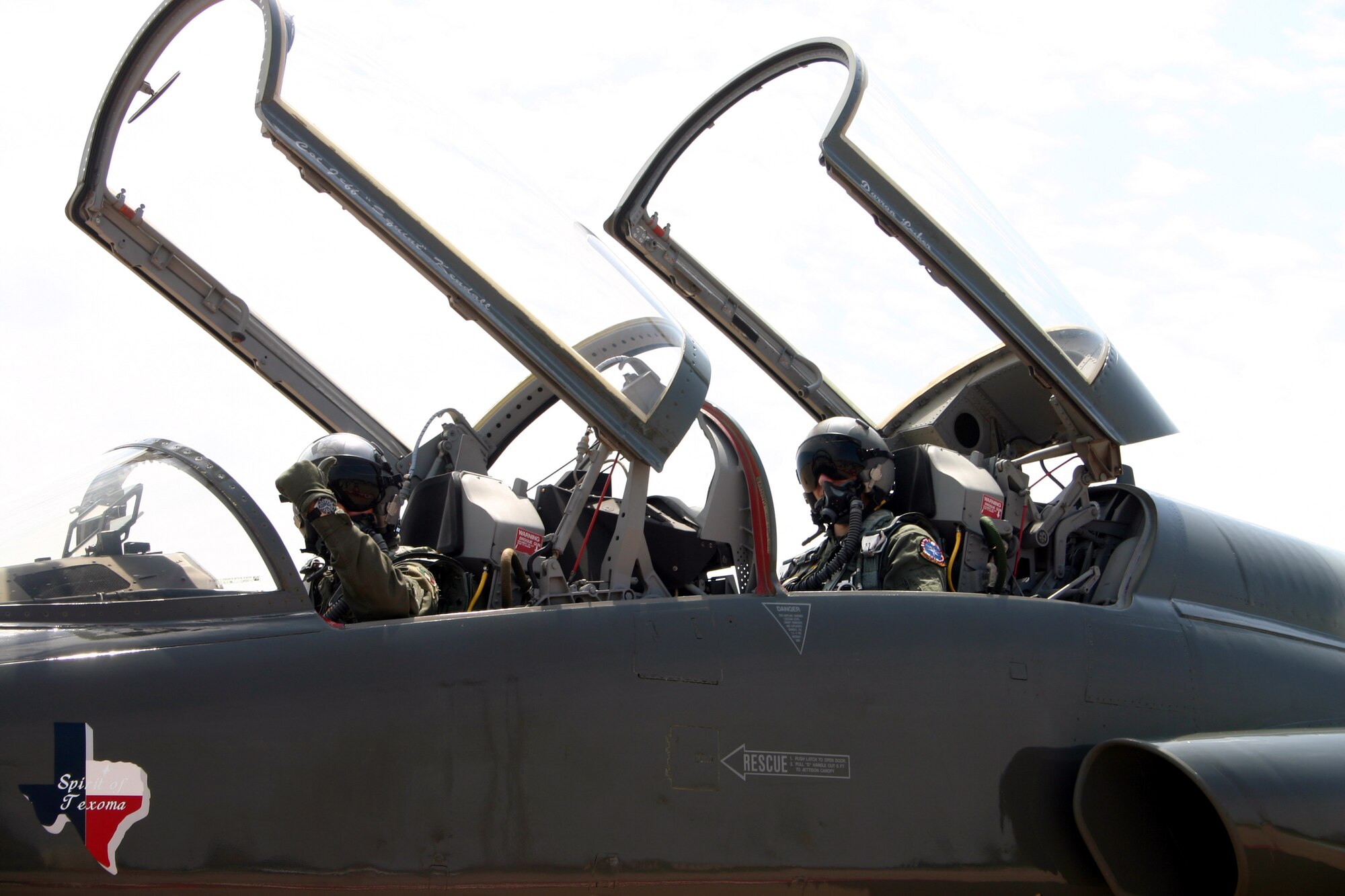 Lt. Col. Davide Re, 90th Flying Training Squadron, gives the thumbs up before taking Wichita Falls city manager Darren Leiker for an orientation flight in the new T-38C Talon. (U.S. Air Force photo/Staff Sgt. Tonnette Thompson)