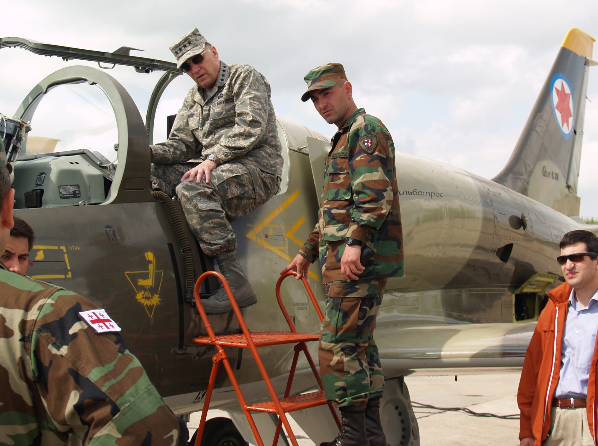 General Tom Hobbins, U.S. Air Forces in Europe Commander, gets a tour of an L-39 Albatros trainer at a Georgian Air Base near Tibilisi May 16.  General Hobbins visited with the Chief of the Georgian Air Force to discuss their capabilities and vision.