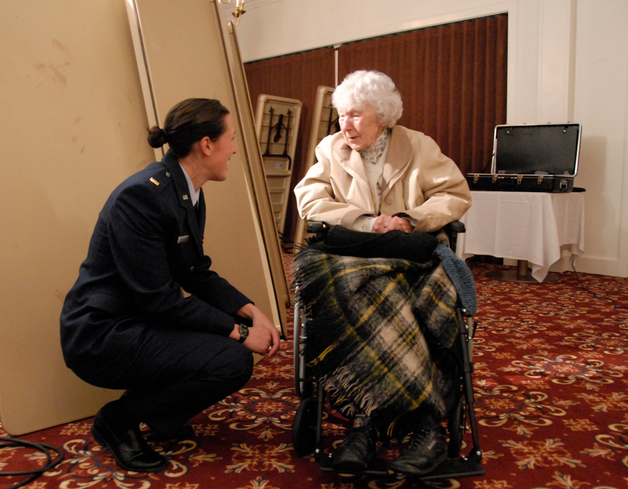 Right, 2nd Lt. Katie Miller talks with retired Chief Master Sgt. Esther MacKay, 101, about her time in the Air Force. Chief MacKay was interviewed as part of Hanscom's Living History project. The documentary will highlight servicemember and their families’ contributions to the Air Force over the past 60 years. (U.S. Air Force photo by 1st Lt. Martha Petersante-Gioia)