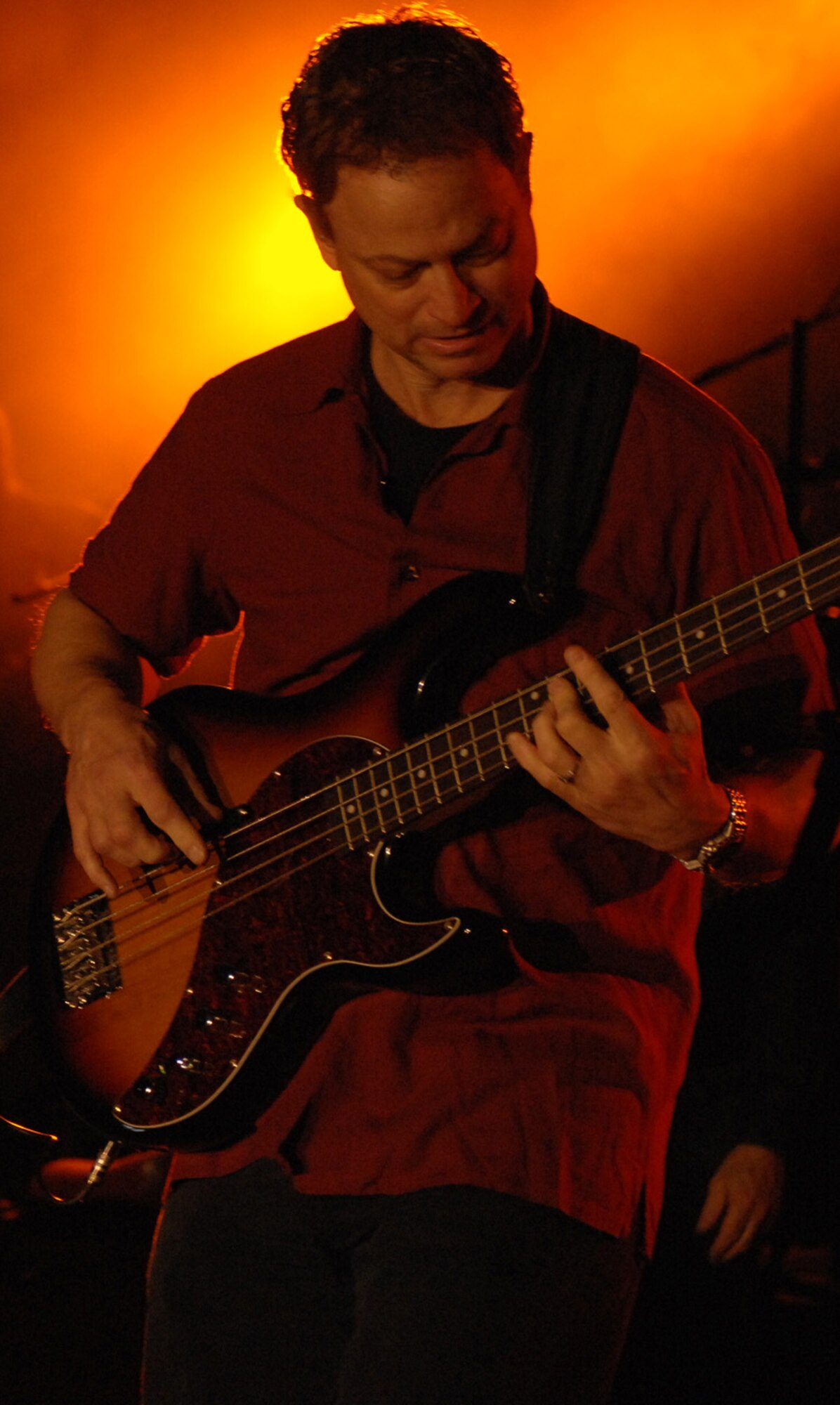 SPANGDAHLEM AIR BASE, GERMANY -- Gary Sinise jams on his guitar as the Lt. Dan Band performs at Spangdahlem Air Base May 15. The performance here wrapped up the band’s 2007 European tour. (US Air Force photo/Airman 1st Class Stephanie Clark)