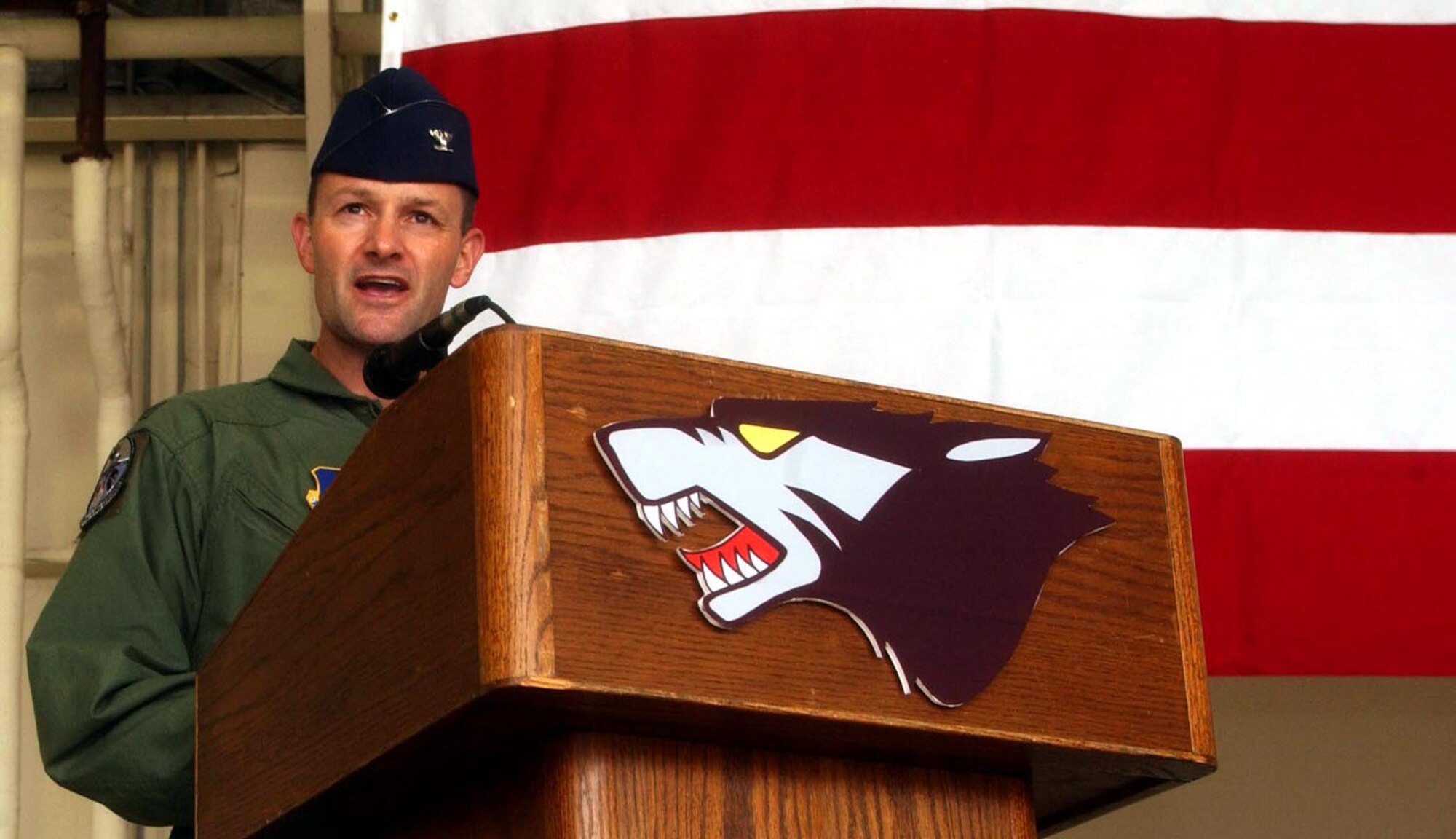 Colonel Kenneth "Viper" Rizer, the new 8th Operations Group commander, speaks to his group and fellow Wolfpack members for the first time during his change of command ceremony here May 18. He was last assigned to Maxwell Air Force Base, Alabama as a student of the Air Warfare College. The 8th OGs outgoing commander, Col. Jon Norman, is headed to Osan Air Base to take command of the 51st Fighter Wing. (U.S. Air Force photo/Senior Airman Steven Doty)