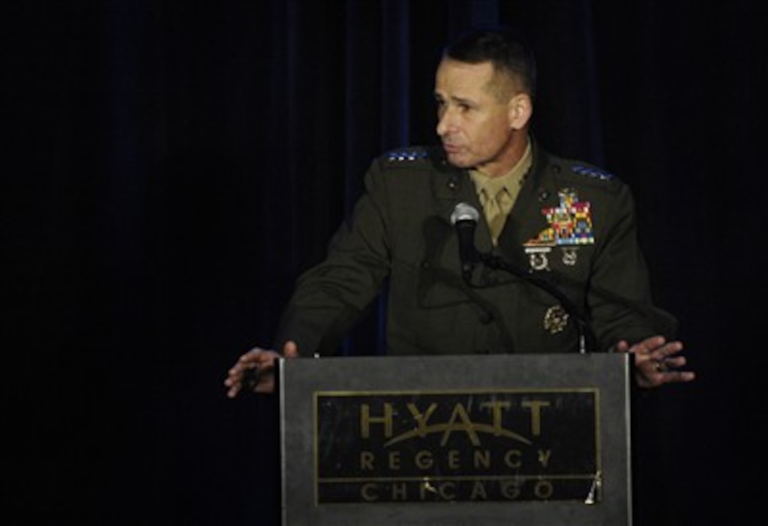 Chairman of the Joint Chiefs of Staff, Marine Gen. Peter Pace, gives a keynote address to the University of Chicago School of Business 55th Annual Management Conference in Chicago, Ill., May 18, 2007. 