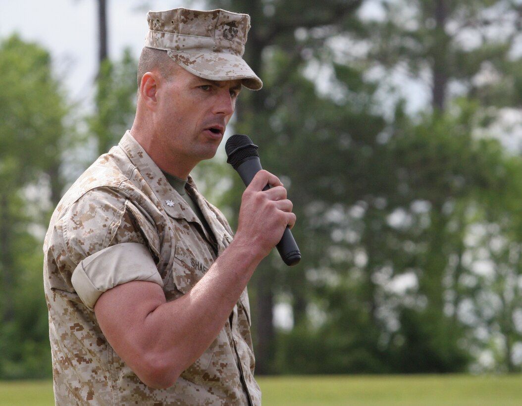 Lt. Col. John R. Shafer addresses the crowd after assuming command of 2nd Reconnaissance Battalion, 2nd Marine Division, in a change of command ceremony here, May 18. The unit gathered to witness a shift in its core leadership as Lt. Col. James M. Bright relinquished command of 2nd Recon to Shafer.