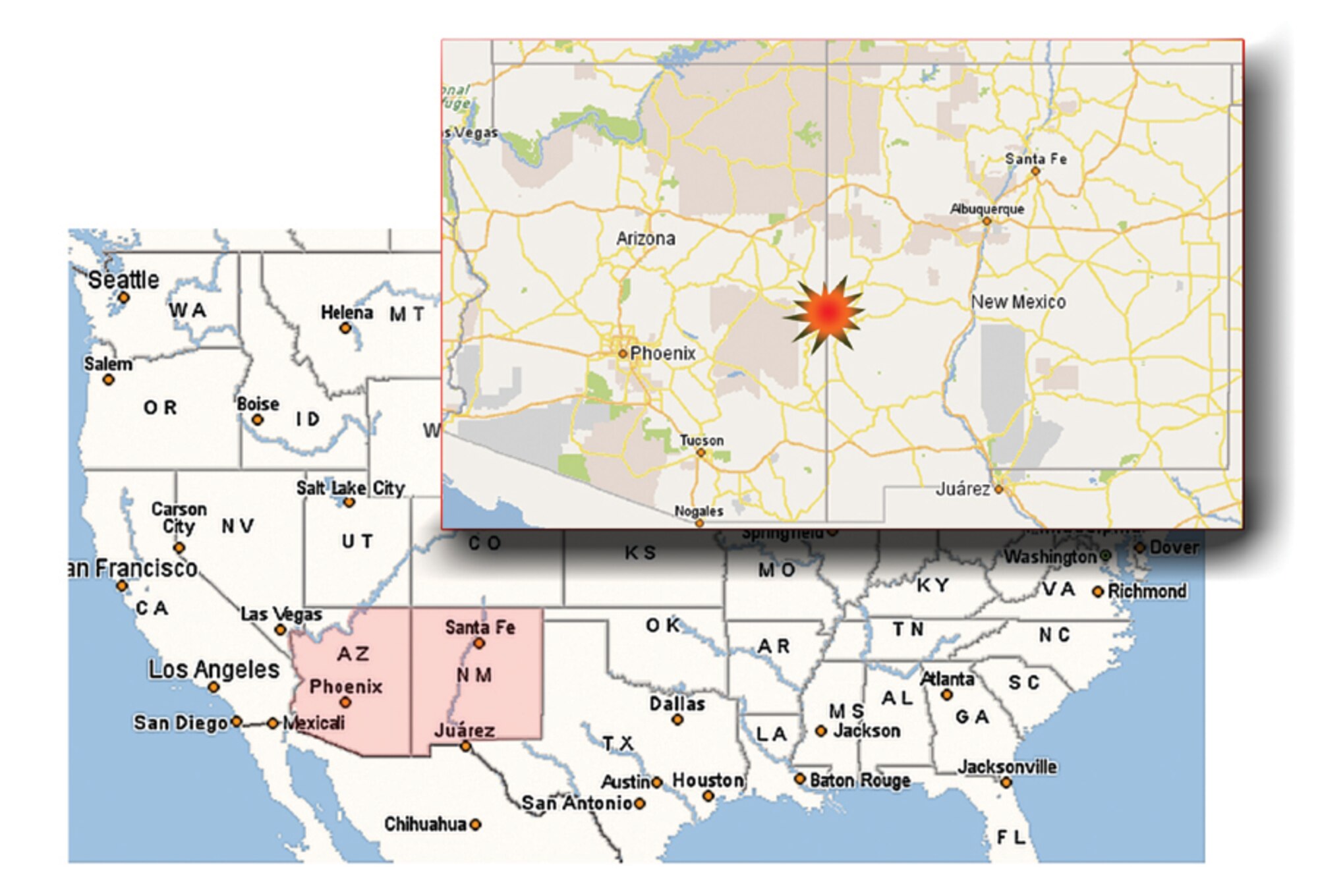 The 84th Radar Evaluation Squadron, based at Hill Air Force Base, Utah, were credited with saving a civilian pilot for rendering assistance after an aircraft crash in New Mexico April 9. The radar track information provided by the 84th RADES enabled search and rescue teams to pinpoint the site of the crash. Map of the area where search and rescue teams were dispatched. (U.S. Air Force Graphic by Tech. Sgt. Allison Cademartori)