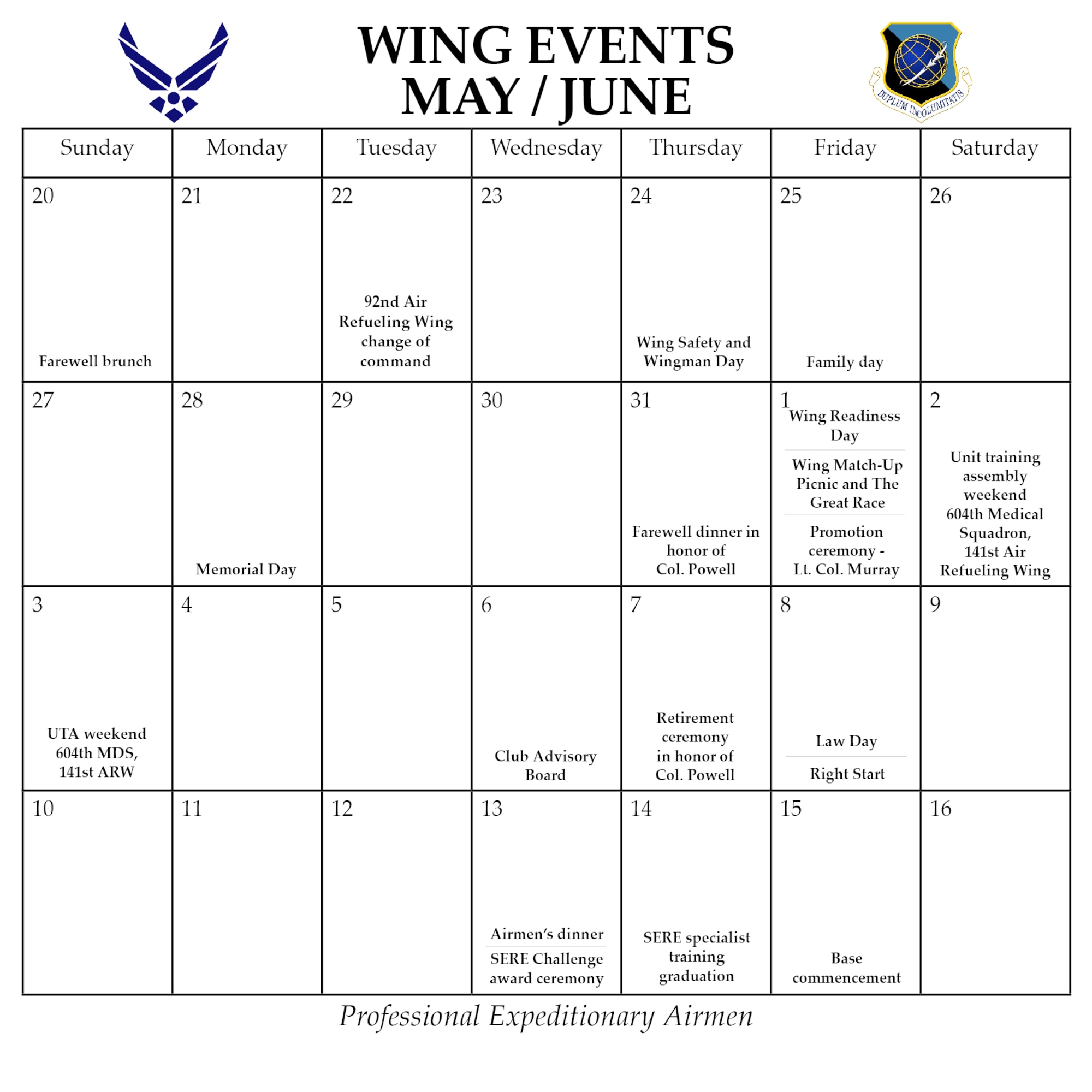 FAIRCHILD AIR FORCE BASE, Wash. -- Wing events for May and June (U.S. Air Force graphic/ Staff Sgt. Kristian Carter)
