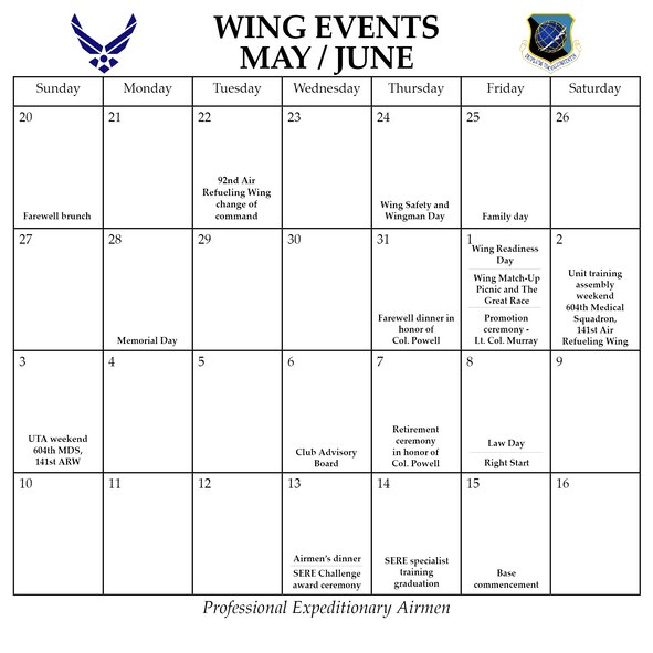 FAIRCHILD AIR FORCE BASE, Wash. -- Wing events for May and June (U.S. Air Force graphic/ Staff Sgt. Kristian Carter)
