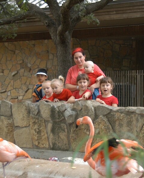 DYESS AIR FORCE BASE, Texas -- Joy Jarboe, wife of Staff Sgt. David Jarboe, 7th Aircraft Maintenance Squadron B-1 crew chief, and her five children, twins Joyce and Megan (7), David (4), Alexis (2), and Michael (11 mos), watch the flamingoes at the Abilene Zoo on Armed Forces Day, May 19. The Zoo's annual free event to military, "Zoolute to Dyess," featured free zoo passes, food and entertainment. (U.S. Air Force photo/Airman 1st Class Richard Armstrong)