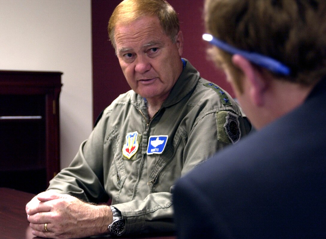 Gen. Ronald E. Keys outlines the strain put on equipment and Airmen by increased operations tempo during an interview May 14 at Offutt Air Force Base, Neb. General Keys is the Air Combat Command commander, in charge of the primary force provider of combat airpower to America's warfighting commands. (U.S. Air Force photo/Tech. Sgt. A.J. Bosker)       