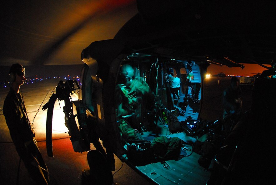 MOODY AIR FORCE BASE, Ga, --  Airman 1st Class Jonathan Bauer, an HH-60G Pave Hawk Crew Chief with Moody's 723rd Aircraft Maintenance Squadron, recovers an HH-60G after a late night training mission May 15. Crew chiefs like Airman Bauer are responsible for inspecting and performing maintenance on their assigned aircraft to ensure the Flying Tigers are constantly mission ready.  (U.S. Air Force photo by Tech. Sgt. Parker Gyokeres)