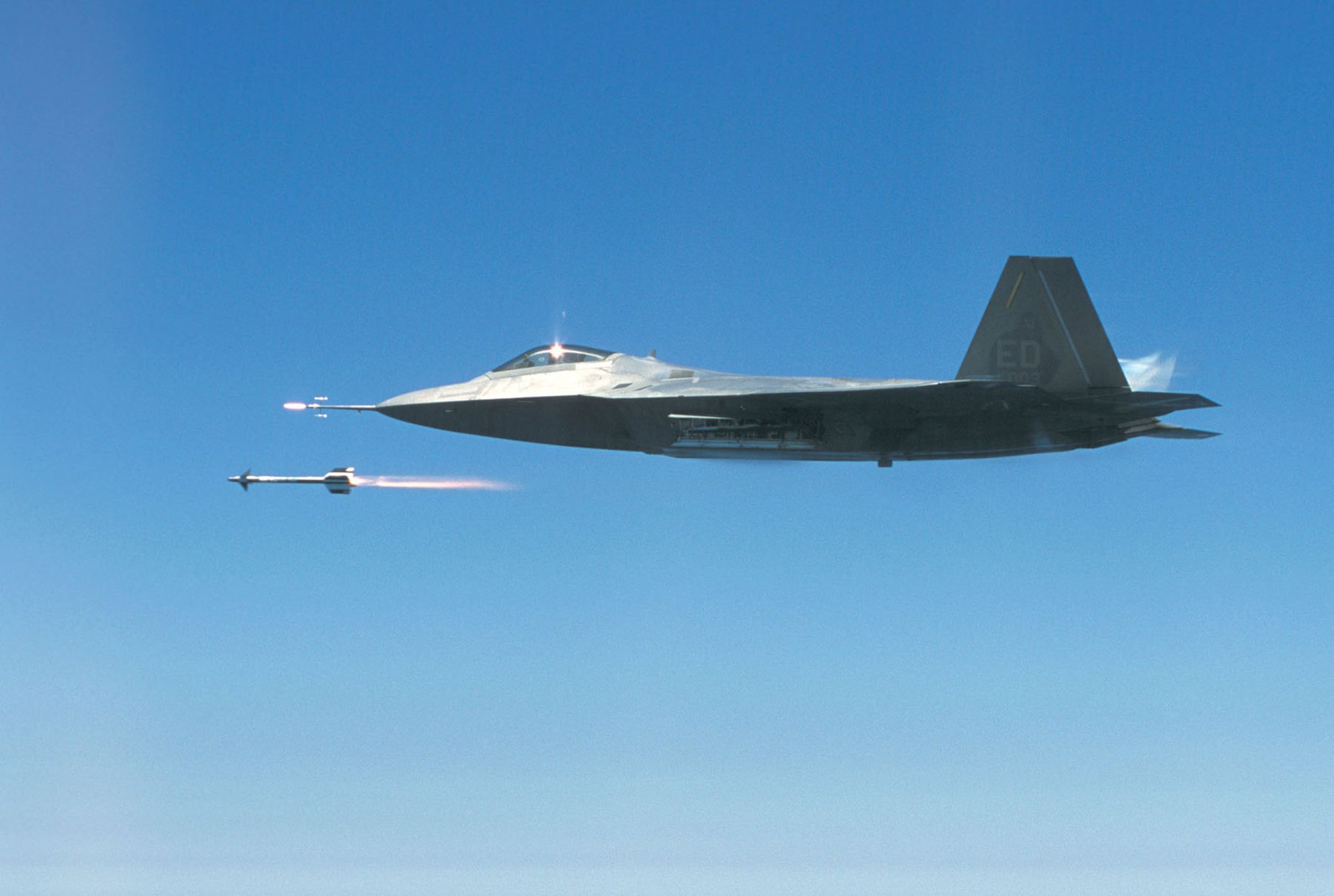 During a test mission on July 25, 2002, this F-22 became the first Raptor to fire an air-to-air missile at supersonic speed when it fired an AIM-9 Sidewinder. This aircraft is now on display at the National Museum of the United States Air Force. (U.S. Air Force photo)