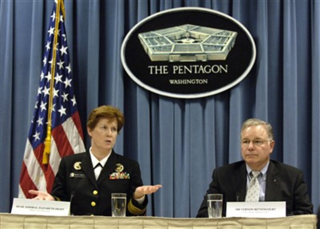 Defense Information Systems Agency Vice Director Rear Adm. Elizabeth Hight (left) and Deputy Chief Information Officer of the Army Vernon Bettencourt conduct a media roundtable in the Pentagon on May 17, 2007, to explain the Department's decision to block access to certain recreational web sites from its computers.  