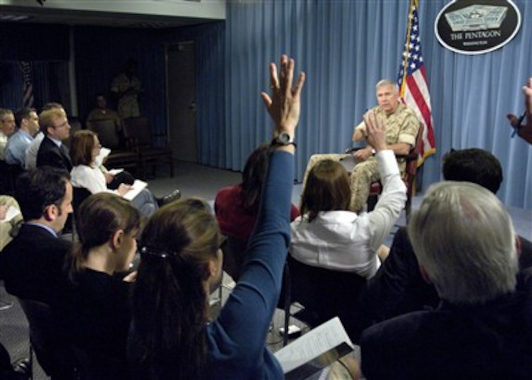 Commandant of the Marine Corps Gen. James T. Conway conducts a press briefing in the Pentagon on May 17, 2007, to answer reporter's questions on a broad range of Marine Corps issues and programs.  