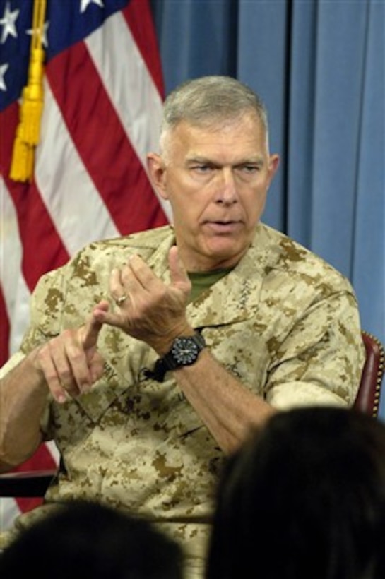 Commandant of the Marine Corps Gen. James T. Conway conducts a press briefing in the Pentagon on May 17, 2007.  Among the topics discussed by Conway were procurement of new, improved, armored vehicles for use in Iraq, Marine Corps aviation issues such as the joint strike fighter, and the recent study on the mental health of army and Marine combat troops in Iraq.  