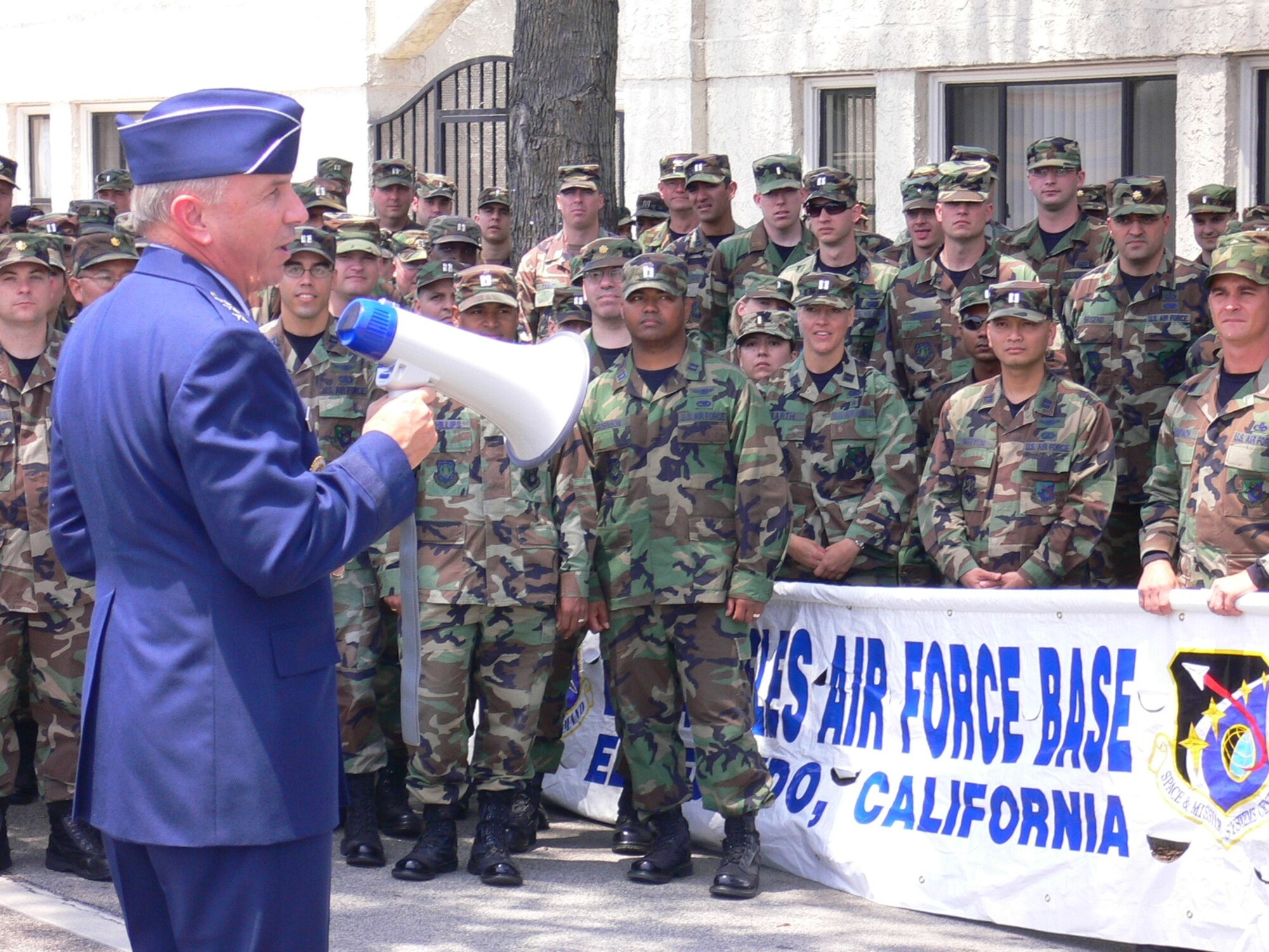 Lt. Gen. Michael Hamel, SMC Commander, pumps up the LAAFB marching unit prior to the start of the  2007Torrance Armed Forces Day Parade, May 19. Gen. Kevin Chilton, Air Force Space Command commander, served as the Grand Marshal for the parade. A Los Angeles AFB honor guard led the way as Los Angeles, Edwards, and Vandenberg Air Force Bases and March Air Reserve Base marched passed the crowds with a total of more than 300 airmen participating. 
