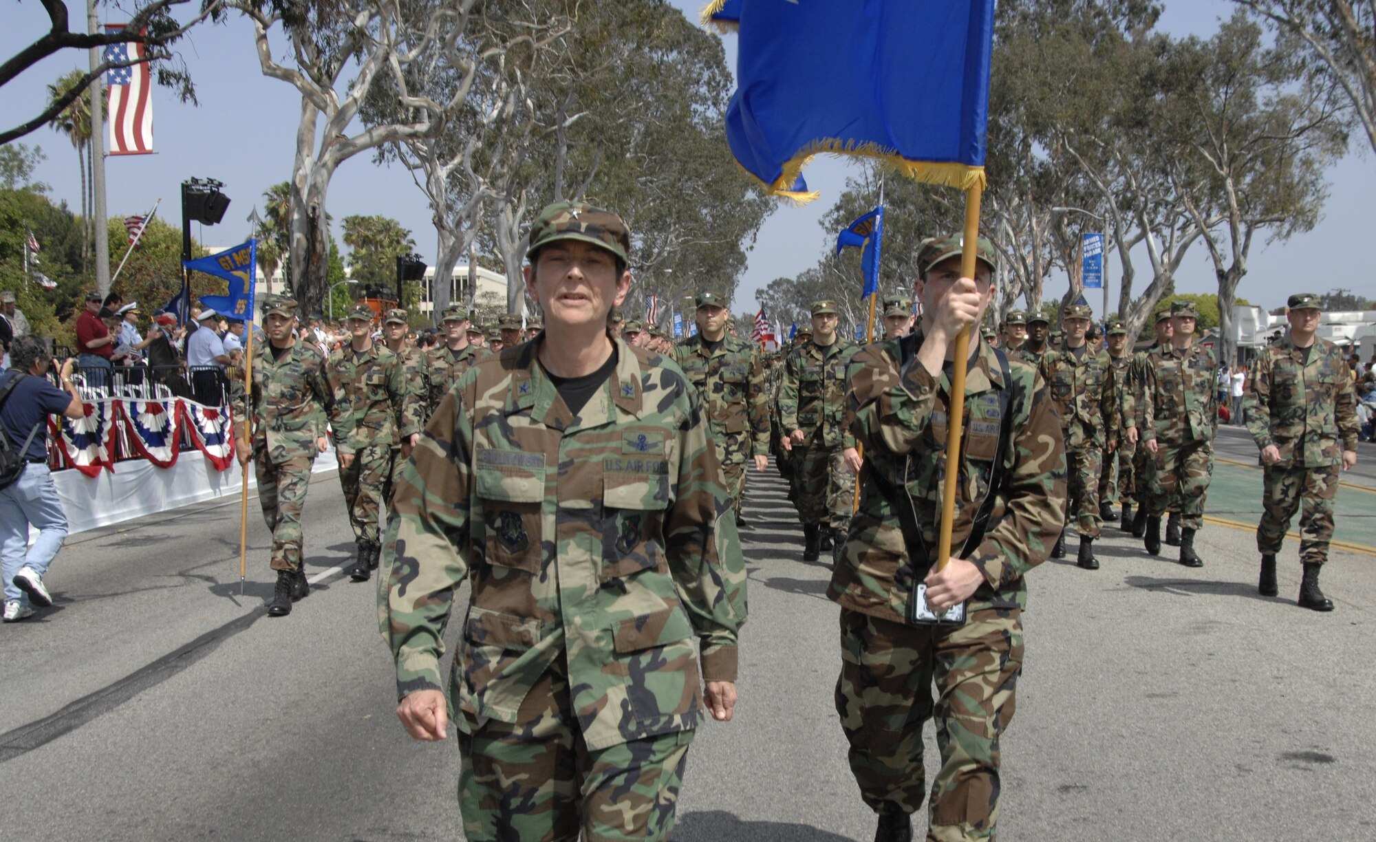 Brig. Gen. Ellen Pawlikowski, MILSATCOM Systems Wing commander, leads the LAAFB Marching Unit in the 2007 Torrance Armed Forces Day Parade, May 19. Gen. Kevin Chilton, Air Force Space Command commander, served as the Grand Marshal for the parade. A Los Angeles AFB honor guard led the way as Los Angeles, Edwards, and Vandenberg Air Force Bases and March Air Reserve Base marched passed the crowds with a total of more than 300 airmen participating. 
