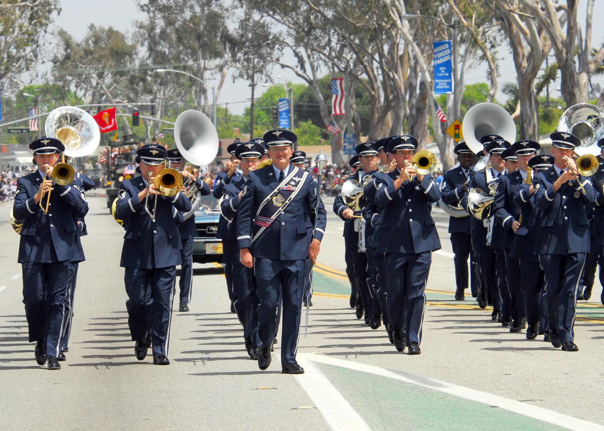 Members of the Air Force Band of the Golden West march in the 48th Annual Armed Forces Day parade May 19 in Torrance, Calif.  Gen. Kevin P. Chilton, commander of Air Force Space Command, was the grand marshal.  The band is stationed at Travis Air Force Base, Calif.  (U.S. Air Force photo/Tech. Sgt. Raheem Moore)
