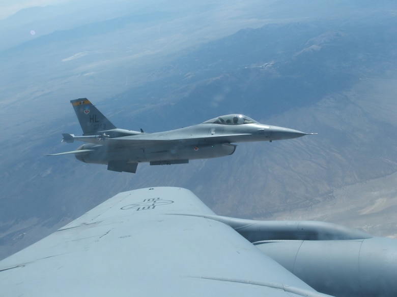 A 4th Fighter Squadron F-16 pulls beside a KC-135 Stratotanker form the Air National Guard's 151st Air Refueling Wing during a training mission May 1. (U.S. Air Force photo by 2nd Lt. Beth Woodward)