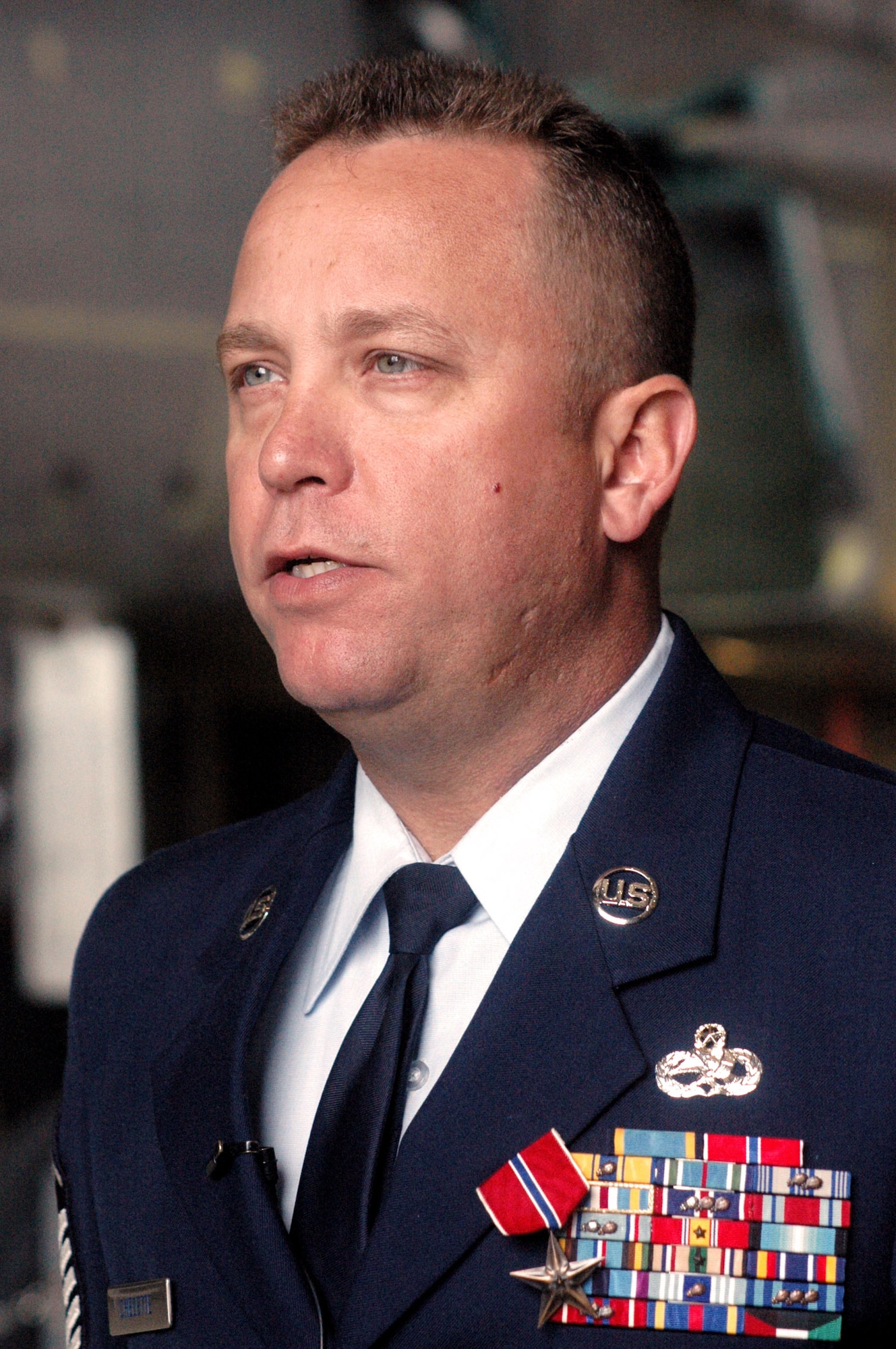 Master Sgt. Gary P. Chellette, a C-130 Hercules crew chief at Robins Air Force Base, Ga., was awarded the Bronze Star Medal during a ceremony at Robins May 14.  He distinguished himself by exceptionally meritorious conduct in the performance of outstanding achievement in Iraq.  (U.S. Air Force photo/Sue Sapp)