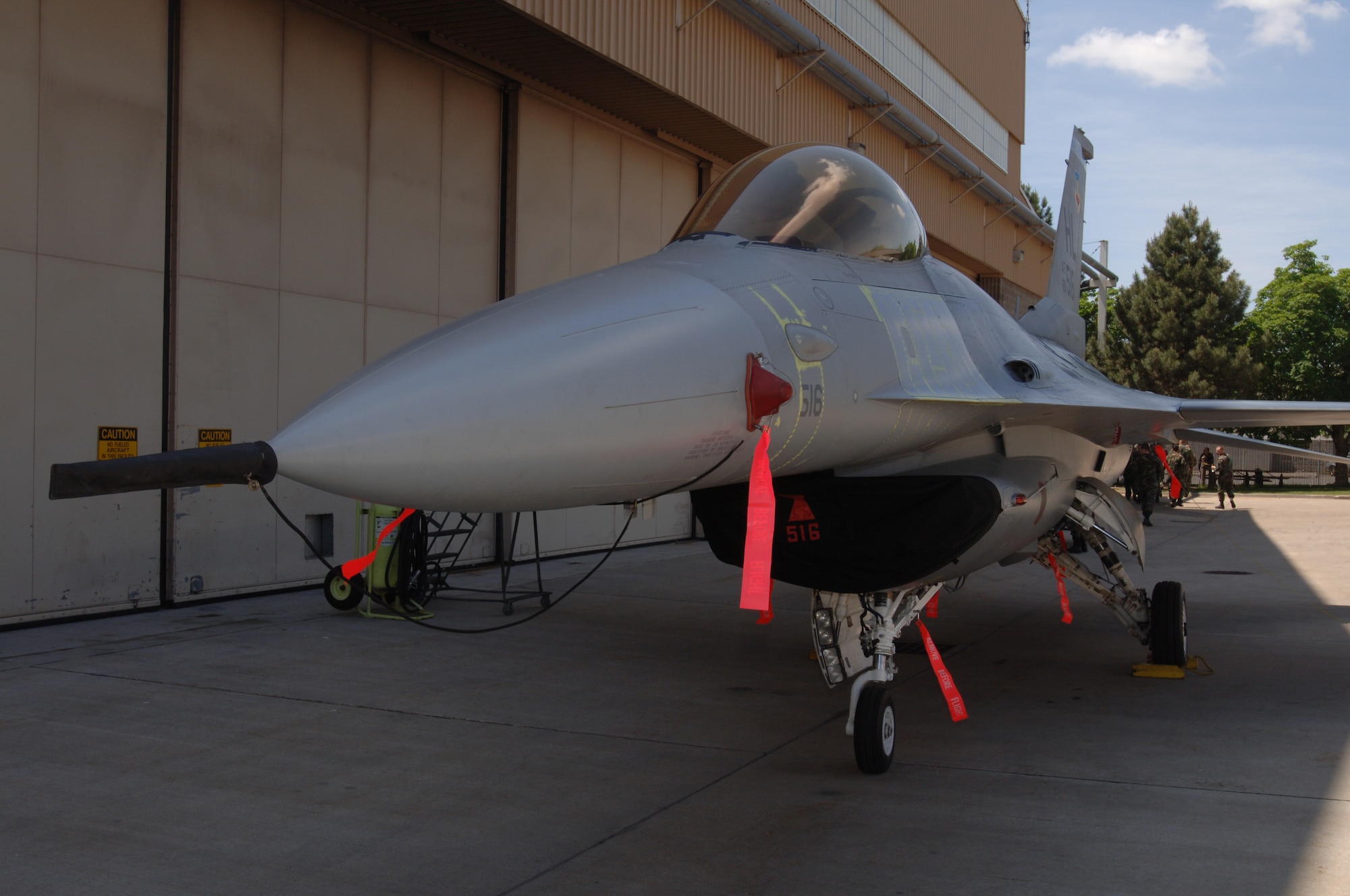 An F-16 belonging to the 421st Fighter Squadron is returned to the 388th Fighter Wing after extensive damage repair made by the 649th Combat Logistics Support Squadron. The aircraft took two years and 1.1 million dollars to fix before it was returned to the wing during a ceremony May 7. (U.S. Air Force photo by Alex Lloyd)