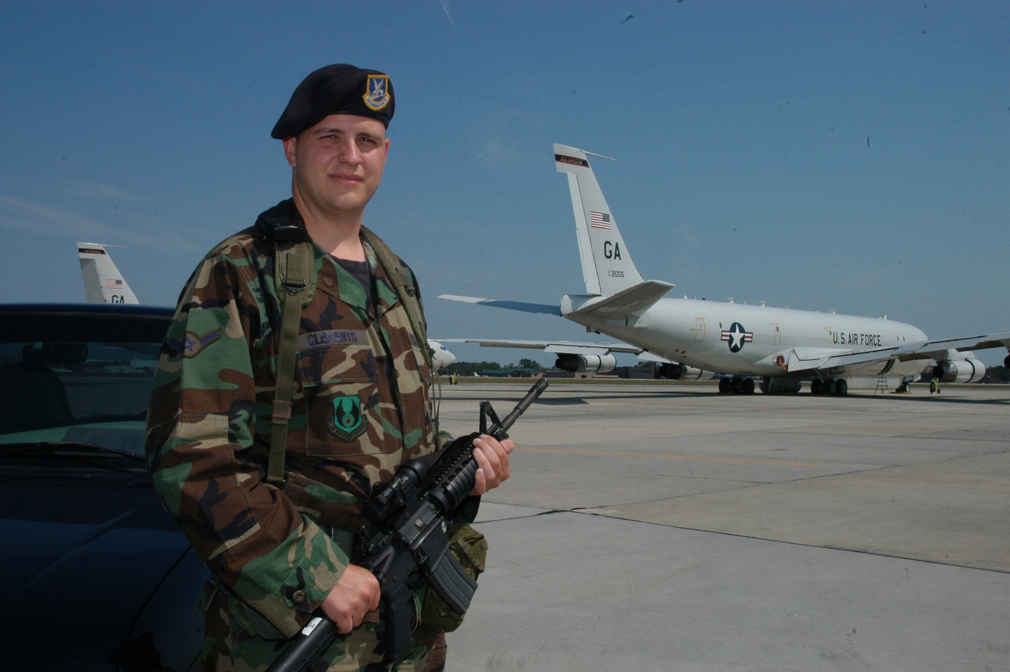Airman Anothony Clements, 78th Security Forces Squadron Robins AFB Ga. provides security for the E-8C Joint STARS aircraft while deployed to Savannah, Ga. (Photo by Tech. Sgt. Tim Neville)
